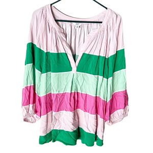 Crown & Ivy Top Women's 2X Striped Color Block Split V Neck Preppy Southern